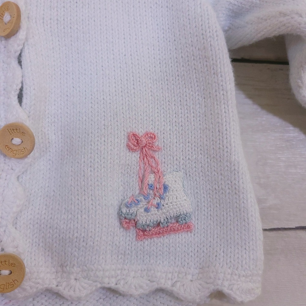 Little English White Hand Embroidered Ice Skate Cotton Cardigan Sweater 6M - Picture 2 of 10
